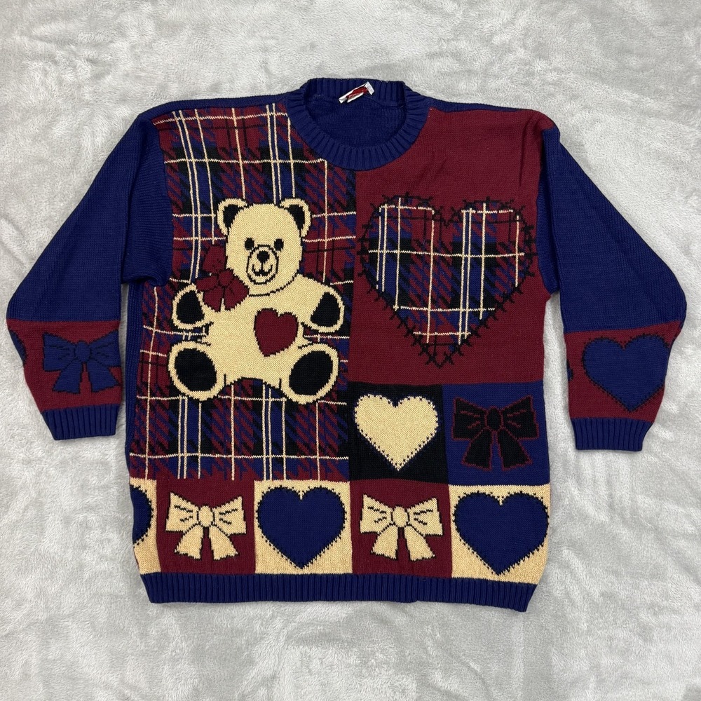 Teddy Bear Maternity Sweater Womens 9 Navy Blue Maroon Hearts Nursery Bows Plaid